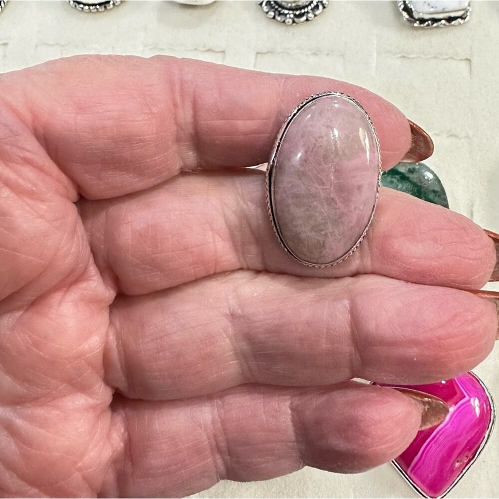 Handmade Ring rhodonite oval gemstone stamped 925 silver overlay pink size 6